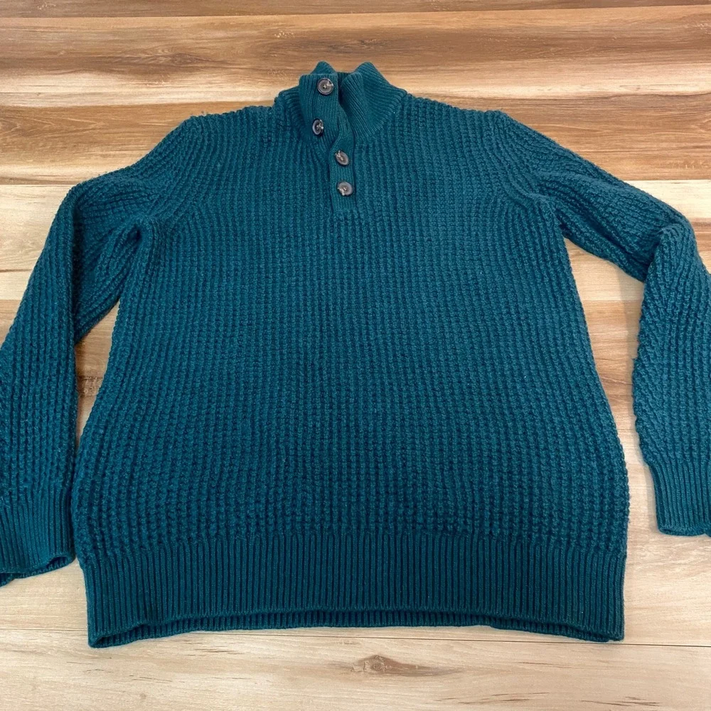 Banana Republic Sweater Mens Medium Green Waffle Knit Button‎ Mock Neck